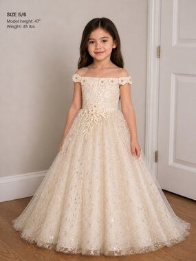 Veaul Elegant Cream & Gold Flower Girl Dress Long train Floral Embroidered 5/6